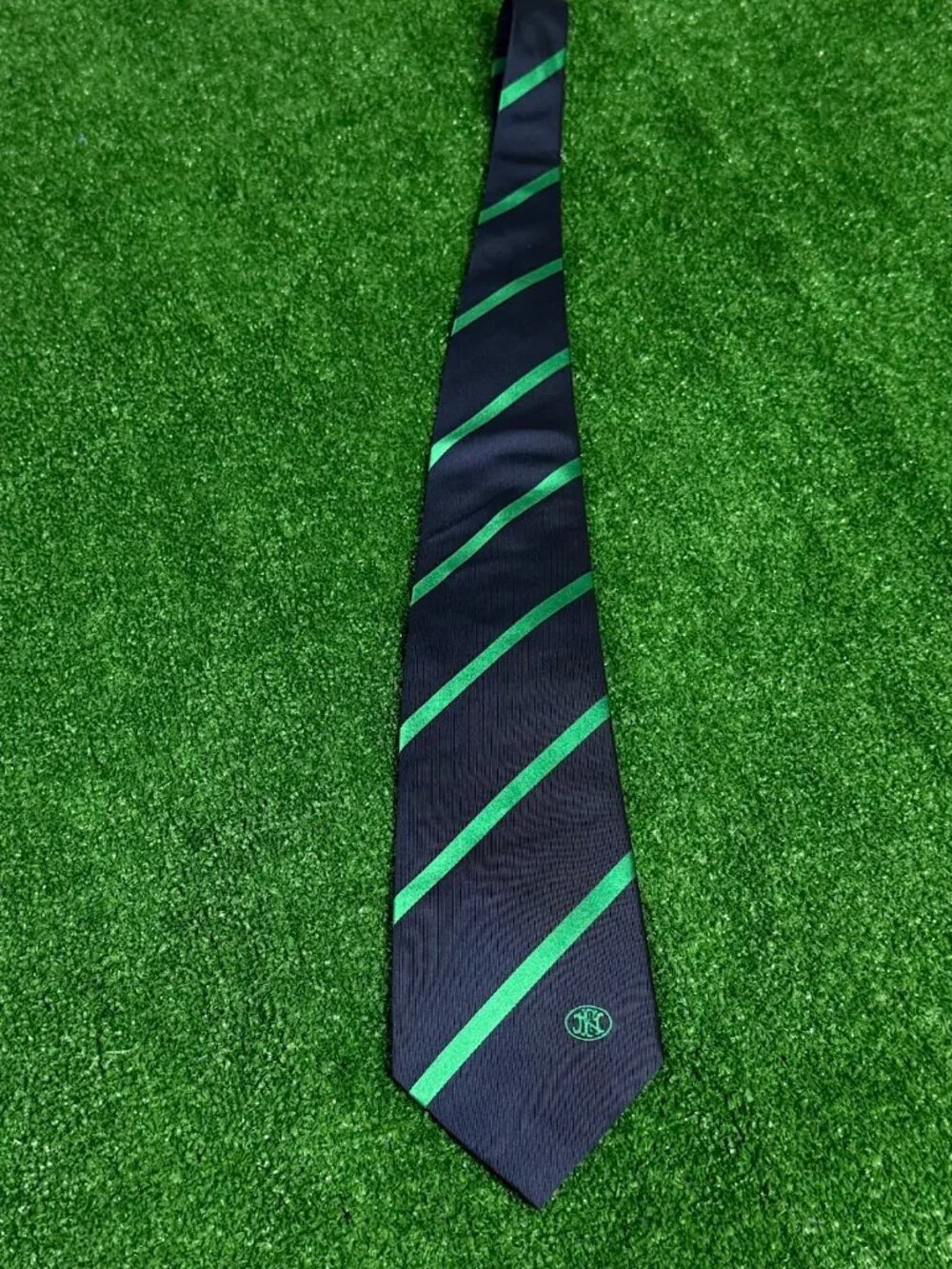 Rare FNH LLC Military Operations Monogram Silk Regimental Tie Navy Green Silk